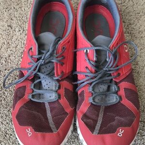 On Running Red and Gray Sneakers